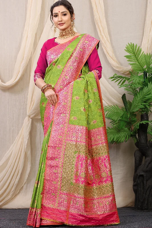 Warm Wear Relaxed Street Fashion Women's Green Woven Banarasi Silk Saree With Blouse  (Saree Blouse Without stitch) - Aastha Fashion