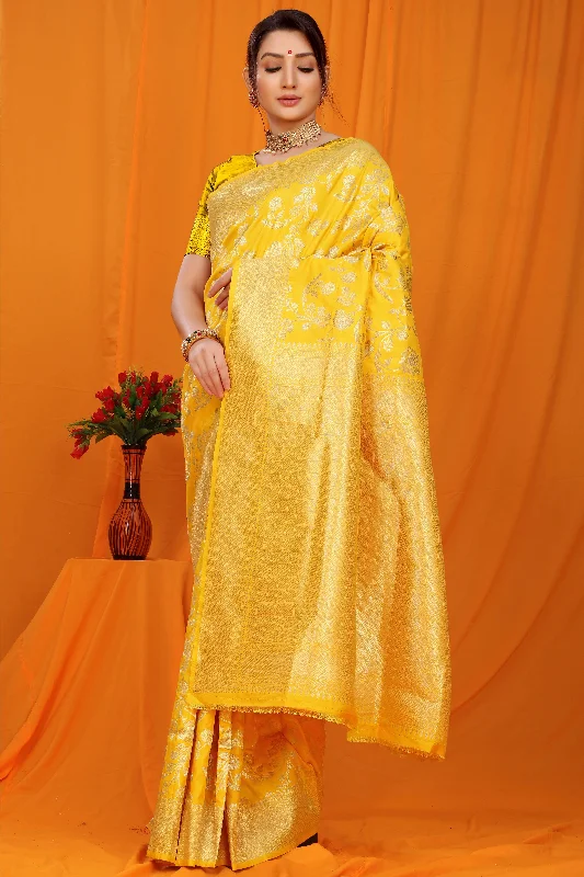 Simple Comfort Comfortable Warm Layers Women's Yellow Woven Banarasi Silk Saree With Blouse  (Saree Blouse Without stitch) - Aastha Fashion