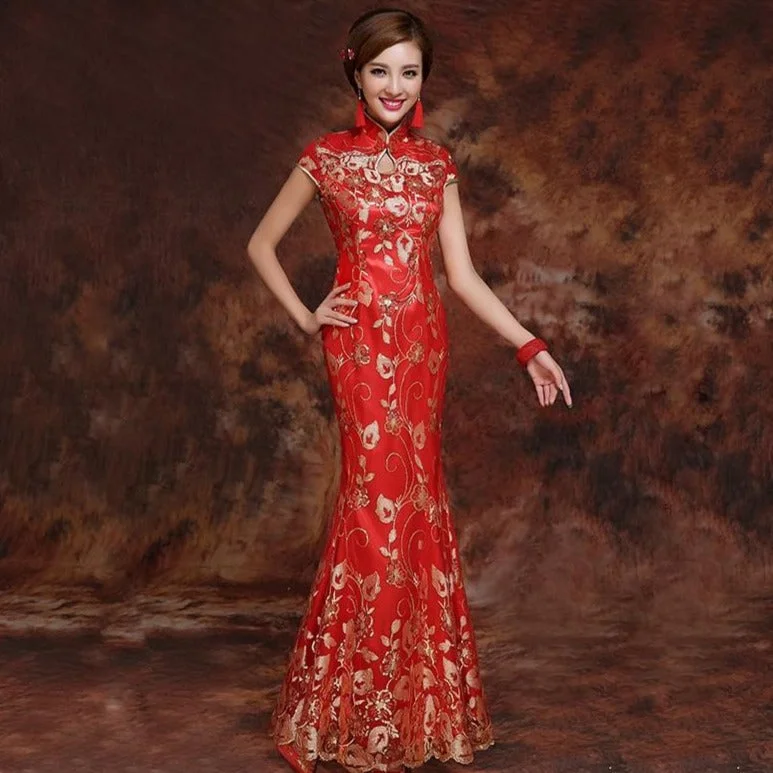 Relaxed Fashion Chic and Comfortable Pieces Key Hole Neck Mermaid Brocade Chinese Wedding Dress Relaxed Fashion Chic and Comfortable Pieces Key Hole Neck Mermaid Brocade Chinese Wedding Dress