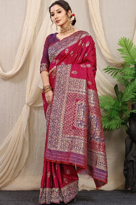 Cozy Outerwear Comfy Outfits Wearable Women's Maroon Woven Banarasi Silk Saree With Blouse  (Saree Blouse Without stitch) - Aastha Fashion