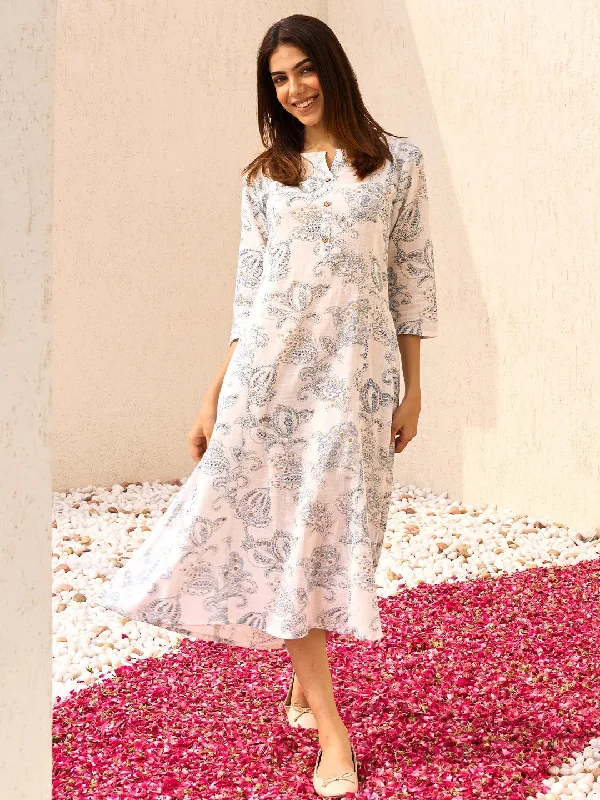 Simple Elegance Relaxed Layered Looks White Printed Cotton A-Line Dress