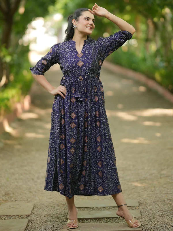 Smart Comfort Wear Comfortable Layering Options Blue Printed Silk A-Line Dress