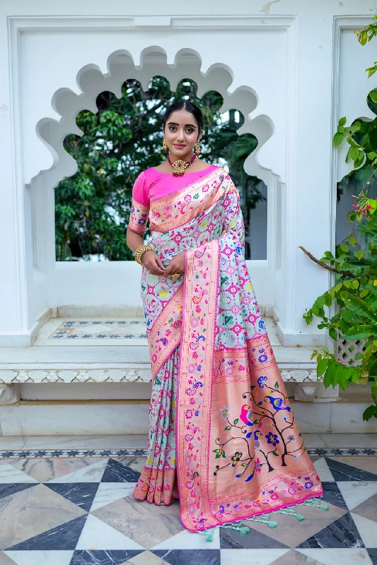 Soft Layers Comfortable Warm Layers Women's Aqua Blue Woven Paithani Silk Saree With Blouse (Saree Blouse Without stitch) - Aastha Fashion Soft Layers Comfortable Warm Layers Women's Aqua Blue Woven Paithani Silk Saree With Blouse (Saree Blouse Without stitch) - Aastha Fashion