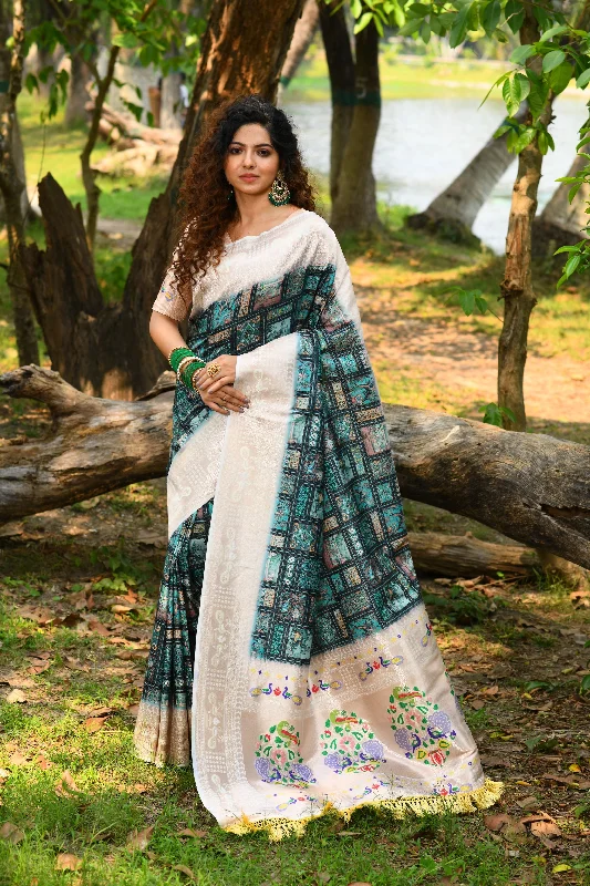 Modern Chic Trendy Streetwear Outfits Women's Teal Woven Cotton Blend Saree With Blouse  (Saree Blouse Without stitch) - Aastha Fashion