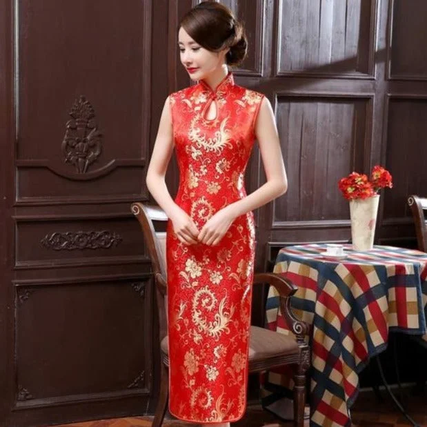 Comfort Fit Cozy Everyday Wear Sleeveless Brocade Dragon & Phoenix Pattern Cheongsam Chinese Dress