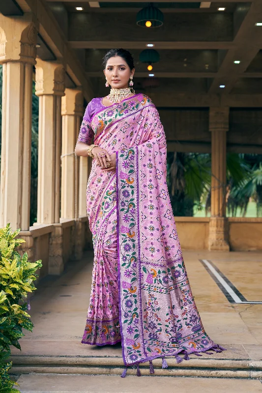 Stylish Ease Practical Soft Fit Women's Baby Pink Woven Patola Silk Saree With Blouse  (Saree Blouse Without stitch) - Aastha Fashion