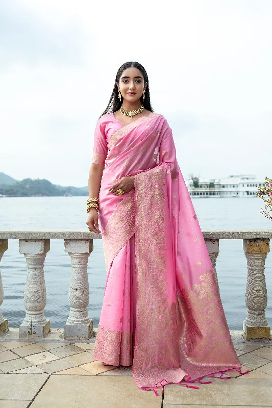 Comfy Chic Comfortable Everyday Pieces Women's Pink Woven Soft Silk Saree With Blouse  (Saree Blouse Without stitch) - Aastha Fashion