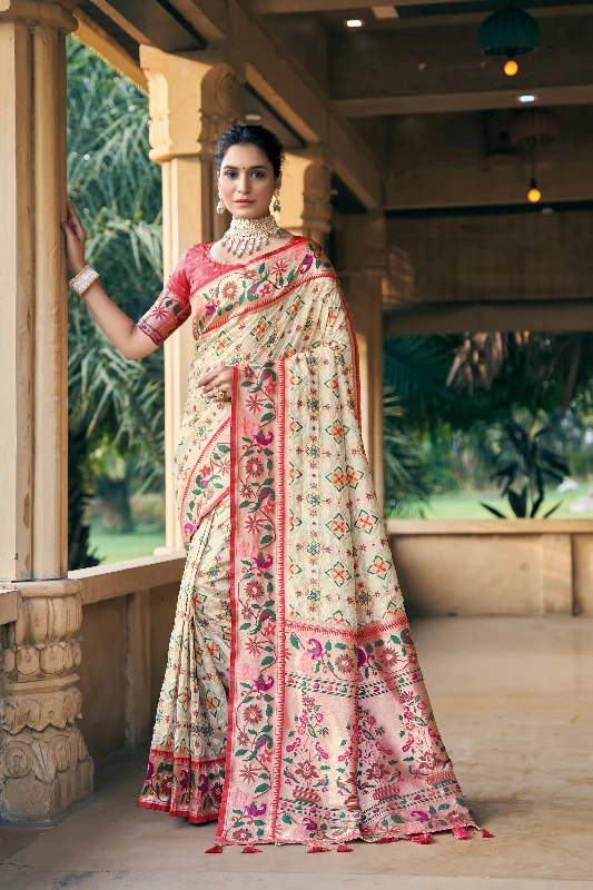 Cozy Fit Wear Cozy Smart Wear Women's Cream Woven Patola Silk Saree With Blouse  (Saree Blouse Without stitch) - Aastha Fashion