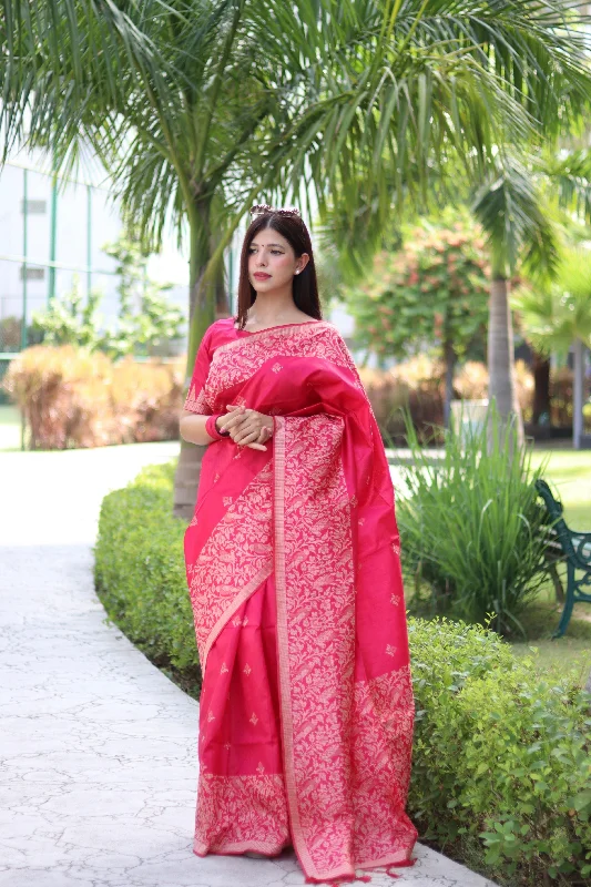 Cozy Vibes Casual Soft Fit Women's Rani Pink Woven Handloom Raw Silk Saree With Blouse  (Saree Blouse Without stitch) - Aastha Fashion
