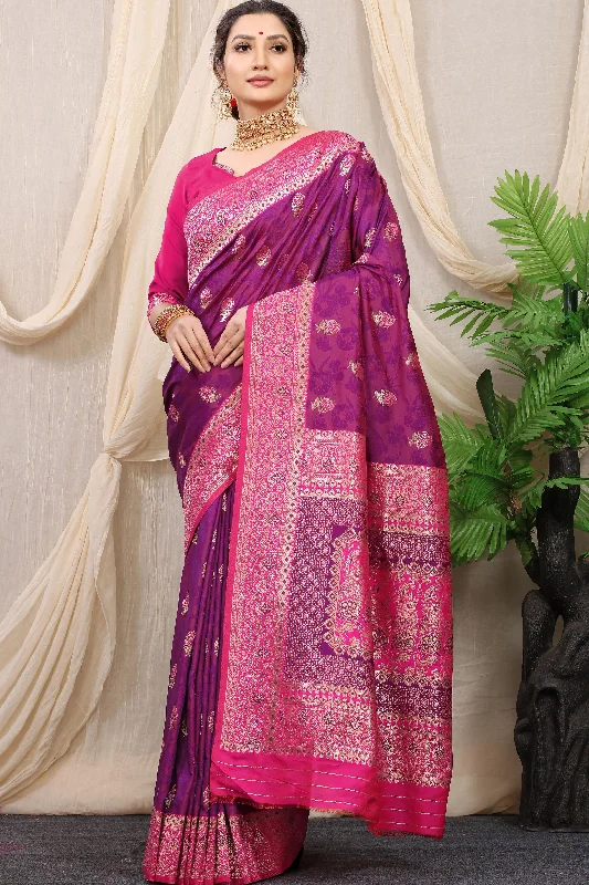 Soft Looks Effortless Street Chic Women's Wine Woven Banarasi Silk Saree With Blouse  (Saree Blouse Without stitch) - Aastha Fashion