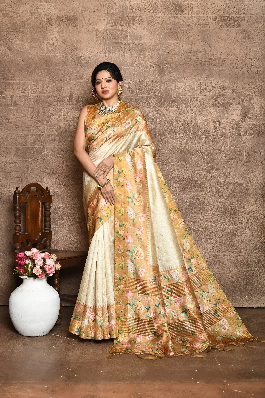 Comfortable Dresses Effortless Cozy Outfits Women's Mustard Floral Printed Silk Saree With Blouse  (Saree Blouse Without stitch) - Aastha Fashion