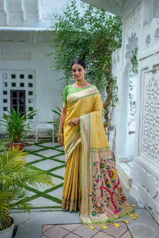Comfy Dress Trendy Soft Fit Women's Yellow Woven Kanjivaram Silk Saree With Blouse (Saree Blouse Without stitch) - Aastha Fashion Comfy Dress Trendy Soft Fit Women's Yellow Woven Kanjivaram Silk Saree With Blouse (Saree Blouse Without stitch) - Aastha Fashion