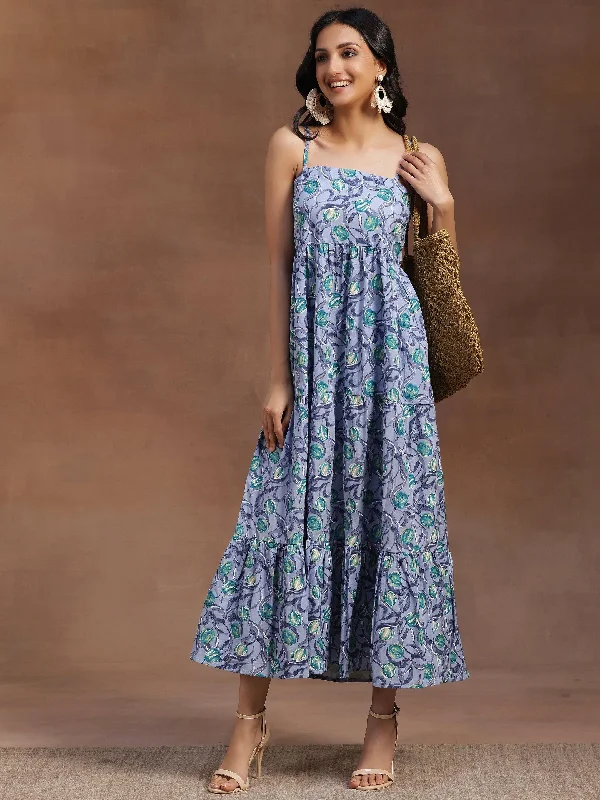 Comfort Fit Cozy Fashion Pieces Grey Printed Cotton Fit and Flare Dress