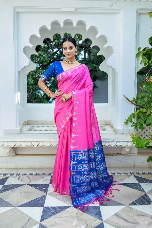 Trendy Looks Comfy Outfits Wearable Women's Pink Woven South Silk Saree With Blouse  (Saree Blouse Without stitch) - Aastha Fashion