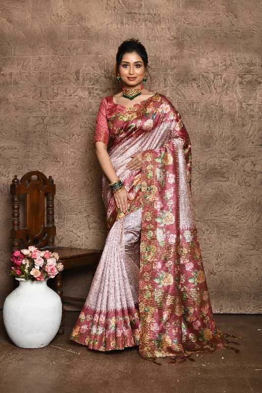 Cozy Shirts Stylish Relaxed Pieces Women's Rani Pink Floral Printed Silk Saree With Blouse  (Saree Blouse Without stitch) - Aastha Fashion