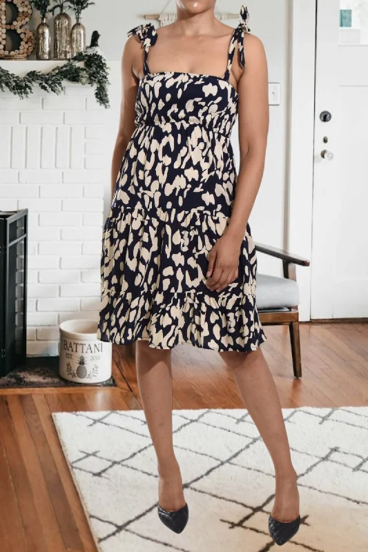 Light Comfort Stylish Relaxed Clothing Biege Printed Tie Shoulder Dress