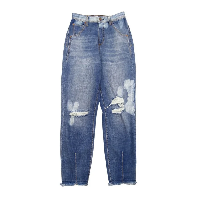 Sporty Elegance Trendy Chic Comfort Frayed Women's Denim Tapered Boyfriend Workwear Jeans (28, Free Fall)