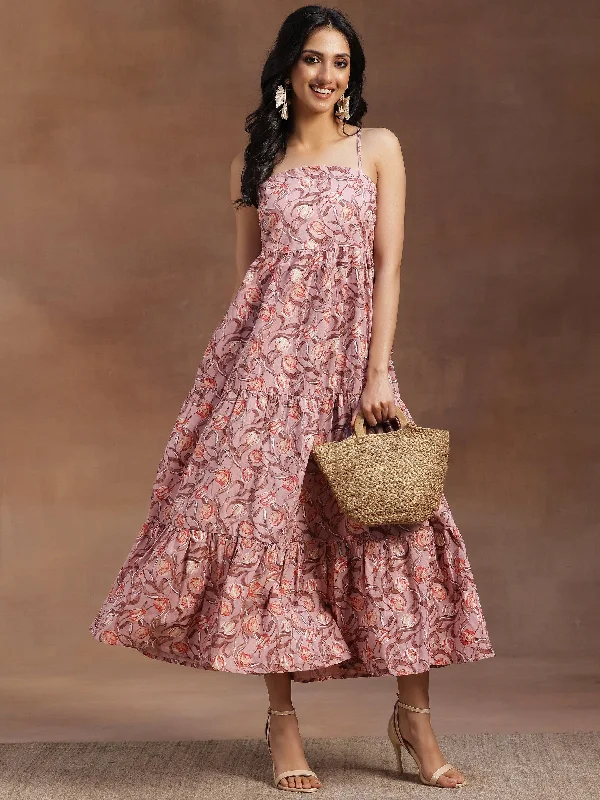 Comfortable Jackets Trendy Cozy Wearables Peach Printed Cotton Fit and Flare Dress