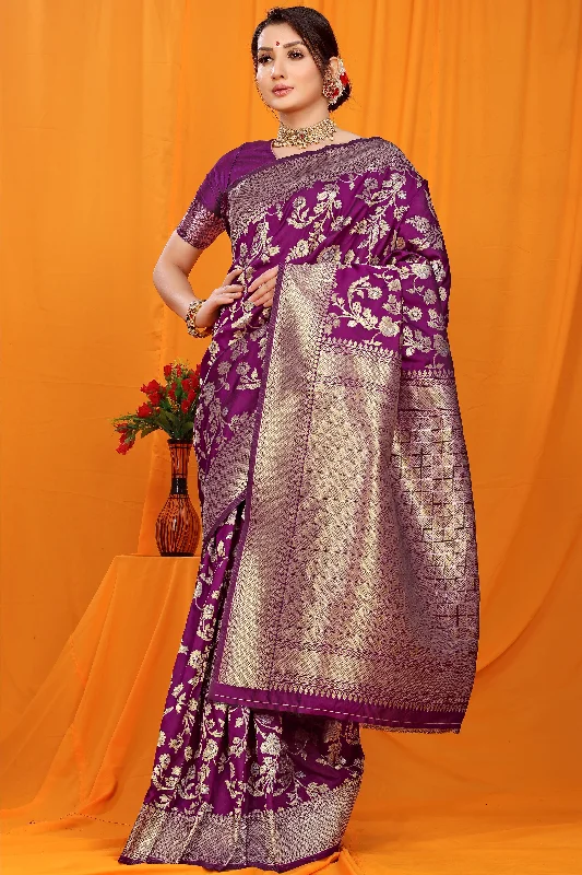 Relaxed Fashion Practical Soft Layers Women's Wine Woven Banarasi Silk Saree With Blouse  (Saree Blouse Without stitch) - Aastha Fashion