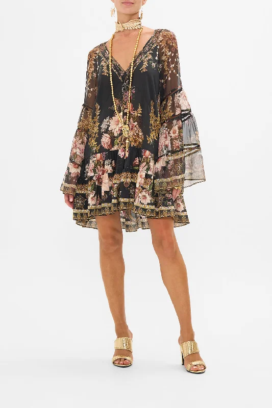Relaxed Chic Cozy Everyday Wear A-LINE GATHERED PANEL DRESS WITH LACE TRIMS DYNASTY DAZE