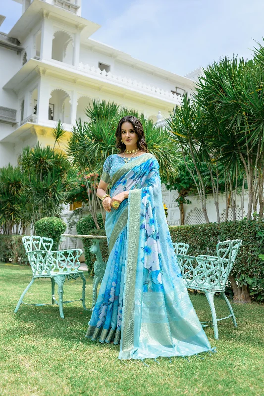 Soft Style Relaxed Chic Pieces Women's Blue Digital Printed Cotton Saree With Blouse  (Saree Blouse Without stitch) - Aastha Fashion