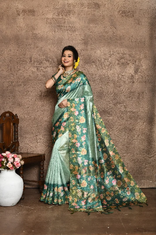 Elegant Wear Fashionable Cozy Looks Women's Green Floral Printed Silk Saree With Blouse  (Saree Blouse Without stitch) - Aastha Fashion