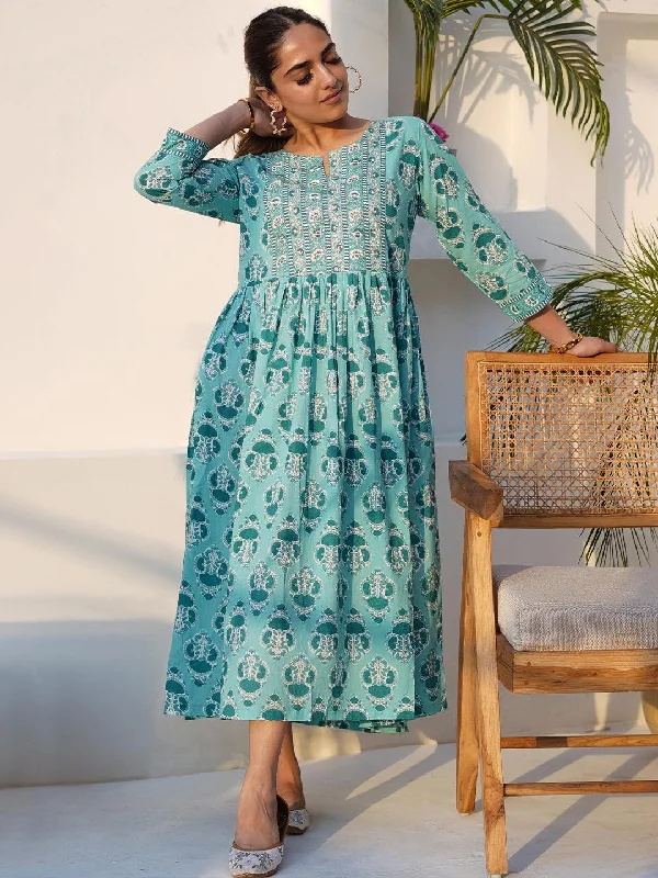 Trendy Casuals Practical Style Choices Sea Green Printed Cotton Fit and Flare Dress