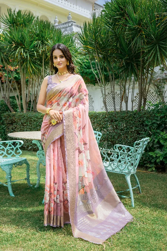 Effortless Wear Trendy Comfy Outfits Women's Peach Digital Printed Cotton Saree With Blouse  (Saree Blouse Without stitch) - Aastha Fashion
