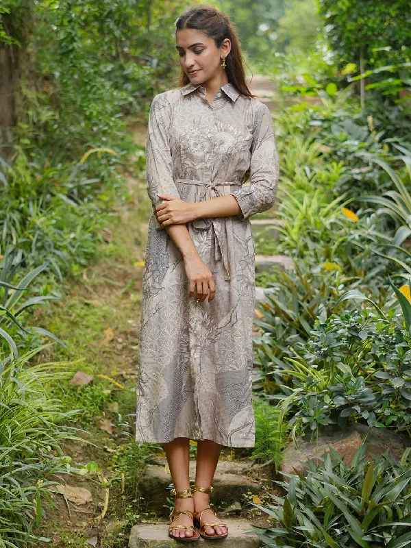 Soft Fabrics Effortless Cozy Layers Off White Printed Linen Shirt Dress