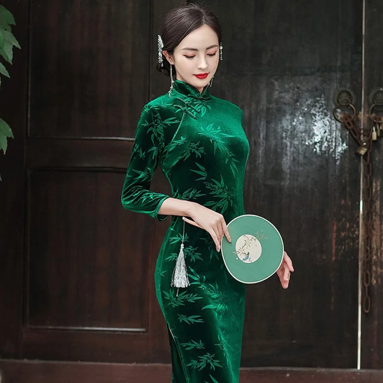 Elegant Wear Cozy Clothing Choices Bamboo Leaves Pattern 3/4 Sleeve Tea Length Velvet Cheongsam Chinese Dress