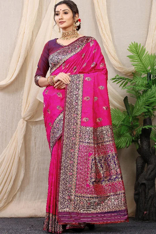 Comfortable Tops Simple Comfort Trends Women's Rani Pink Woven Banarasi Silk Saree With Blouse  (Saree Blouse Without stitch) - Aastha Fashion
