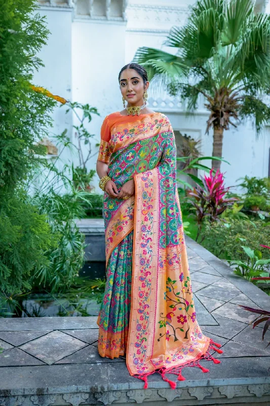 Cozy Apparel Practical Soft Layers Women's Teal Woven Paithani Silk Saree With Blouse (Saree Blouse Without stitch) - Aastha Fashion Cozy Apparel Practical Soft Layers Women's Teal Woven Paithani Silk Saree With Blouse (Saree Blouse Without stitch) - Aastha Fashion