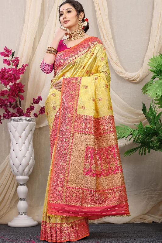 Breathable Style Affordable Soft Layers Women's Light Yellow Woven Banarasi Silk Saree With Blouse  (Saree Blouse Without stitch) - Aastha Fashion