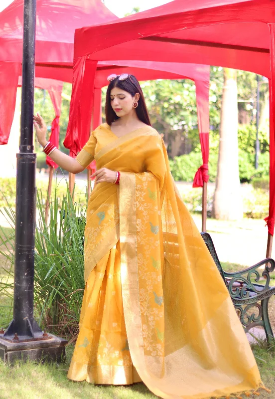 Easy Style Effortless Cozy Wear Women's Yellow Thread Woven Cotton Silk Saree With Blouse  (Saree Blouse Without stitch) - Aastha Fashion