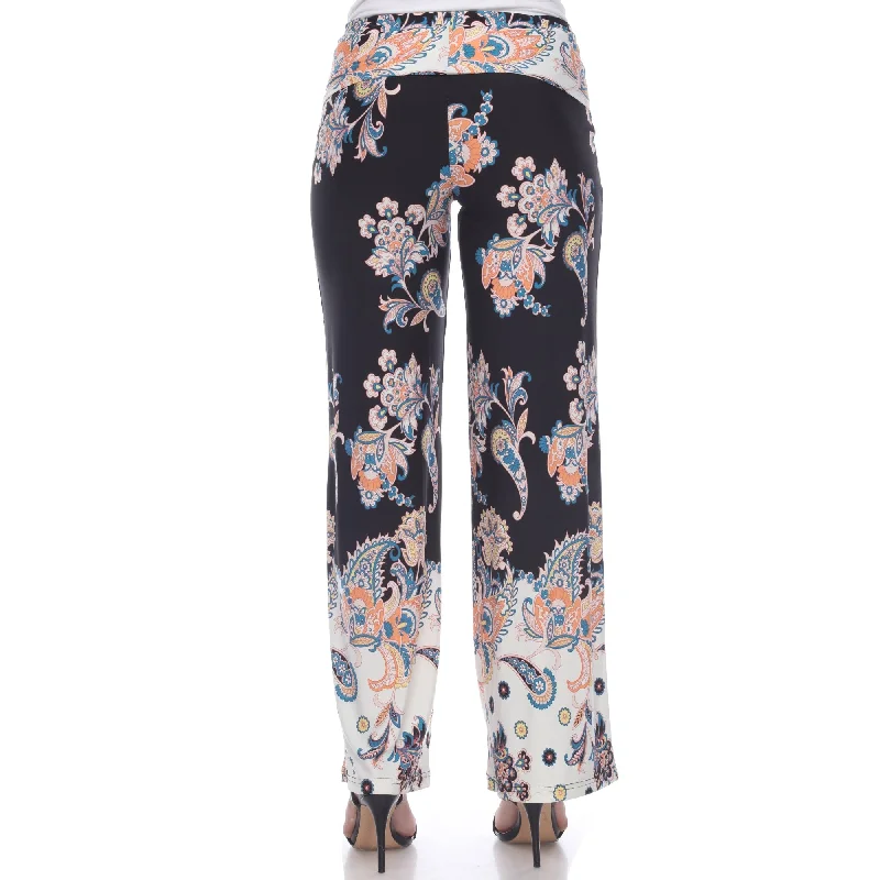 Weekend Style Stylish Relaxed Clothing White Mark Womens Palazzo Pants Paisley Print Wide Leg Adjustable Waistband