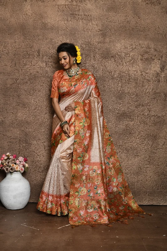 Casual Chic Wear Trendy Soft Looks Women's Orange Floral Printed Silk Saree With Blouse  (Saree Blouse Without stitch) - Aastha Fashion