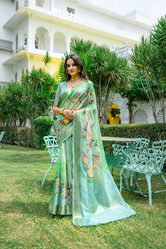 Cozy Pants Cozy and Relaxed Wear Women's Sea Green Digital Printed Cotton Saree With Blouse  (Saree Blouse Without stitch) - Aastha Fashion