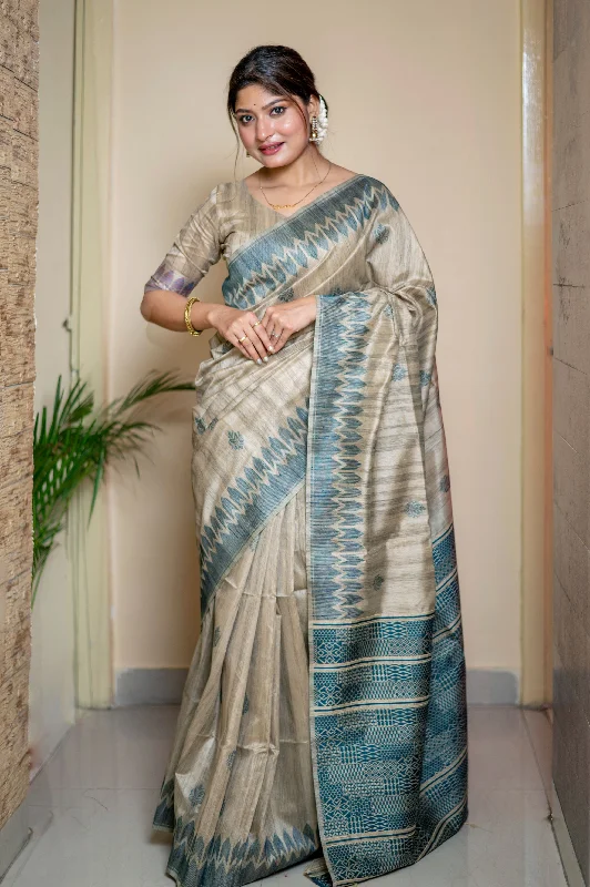 Relaxed Wear Comfy Layering Trends Women's Teal Thread Woven Handloom Tussar Silk Saree With Blouse  (Saree Blouse Without stitch) - Aastha Fashion