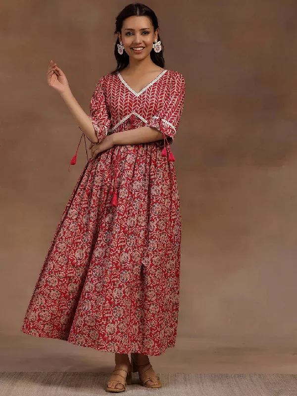 Comfortable Sweaters Soft Chic Apparel Pink Printed Cotton Fit and Flare Dress