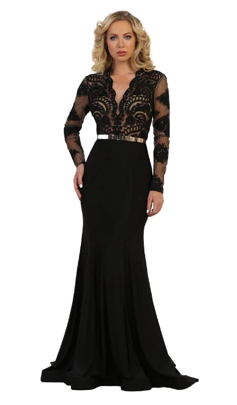 Versatile Wear Relaxed Chic Pieces May Queen - RQ7624 Lace Deep Scalloped V-neck Trumpet Dress