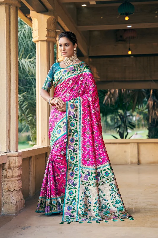All-Day Wear Trendy Casual Comfort Women's Pink Woven Patola Silk Saree With Blouse  (Saree Blouse Without stitch) - Aastha Fashion