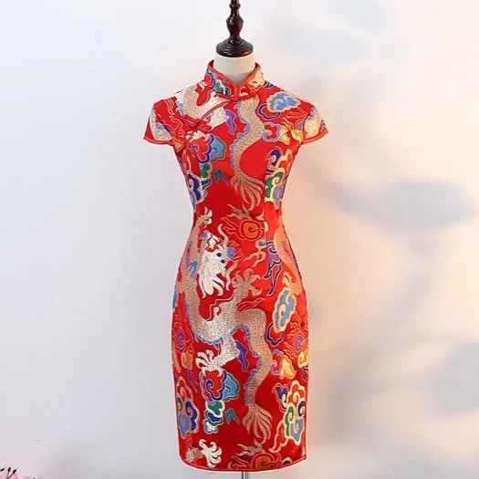 Modern Chic Soft Street Fashion Dragon & Phoenix Pattern Knee Length Brocade Cheongsam Evening Dress