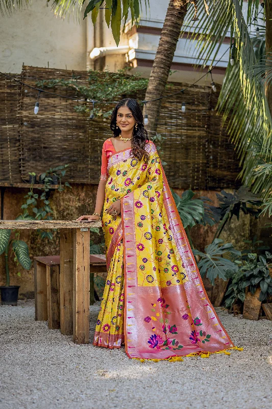 Chic Outfits Relaxed Soft Fashion Women's Yellow Woven Kanjivaram Silk Saree With Blouse (Saree Blouse Without stitch) - Aastha Fashion Chic Outfits Relaxed Soft Fashion Women's Yellow Woven Kanjivaram Silk Saree With Blouse (Saree Blouse Without stitch) - Aastha Fashion
