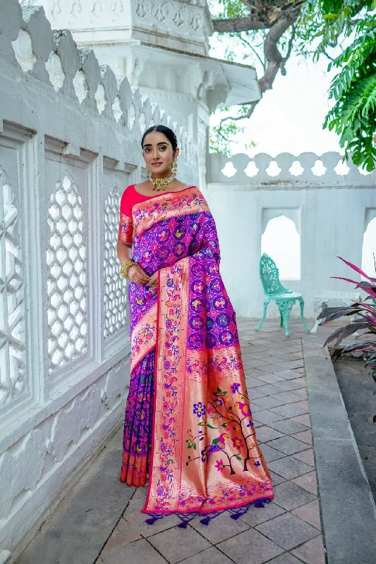 Cozy Chic Wear Street Fashion Comfort Women's Purple Woven Paithani Silk Saree With Blouse (Saree Blouse Without stitch) - Aastha Fashion Cozy Chic Wear Street Fashion Comfort Women's Purple Woven Paithani Silk Saree With Blouse (Saree Blouse Without stitch) - Aastha Fashion