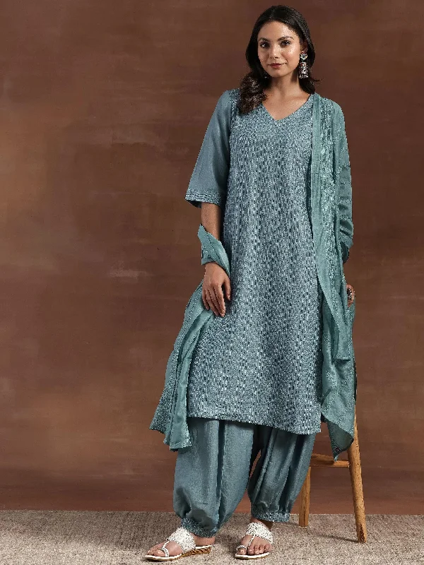 Breezy Comfort Relaxed Soft Fashion Grey Self Design Silk Blend Straight Suit With Dupatta