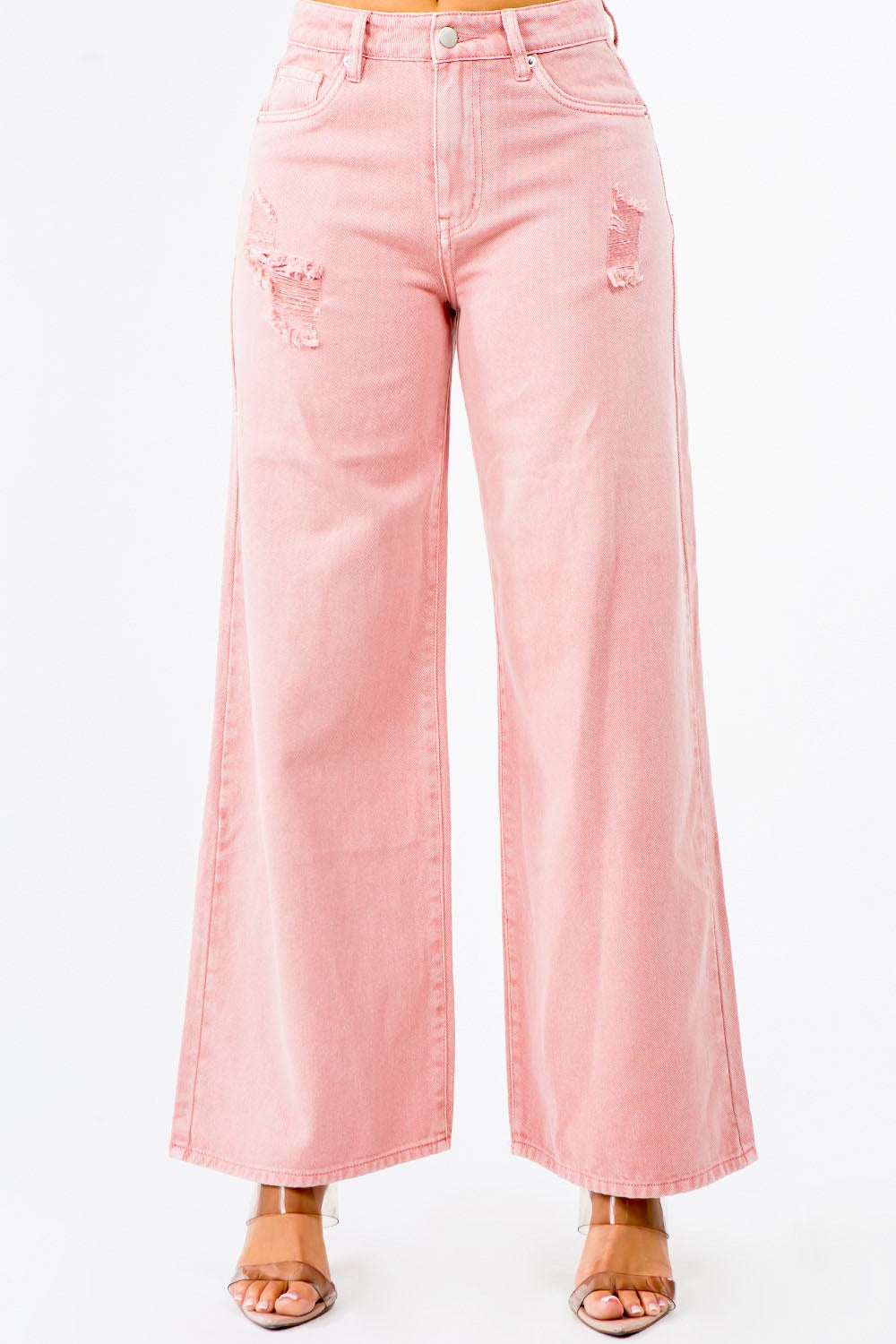 Cozy Outerwear Relaxed Streetwear Fit American Bazi Blush Pink High Waist Distressed Wide Leg Jeans
