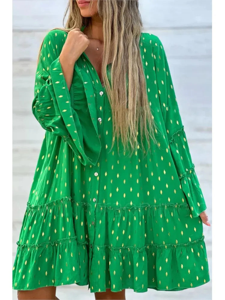 Timeless Comfort Cozy Fashion Pieces Paradise Boho Swing  Pleated Shirt Dress