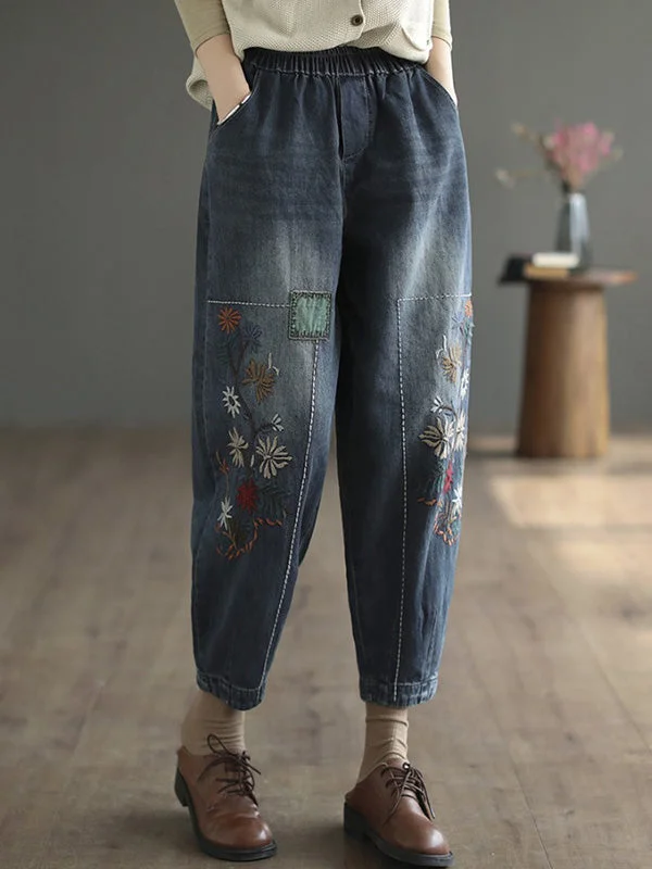 Simple Comfort Cozy Street Fashion Casual Loose Embroidered Elasticity Harem Denim Pants