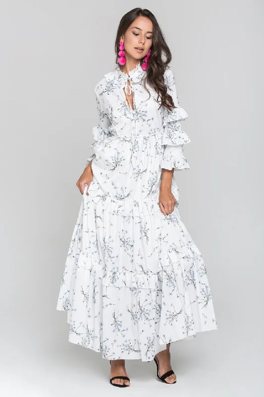 Light Comfort Soft Day-to-day Looks White and Blue Daisy Print Ruffled Sleeve Midi Dress