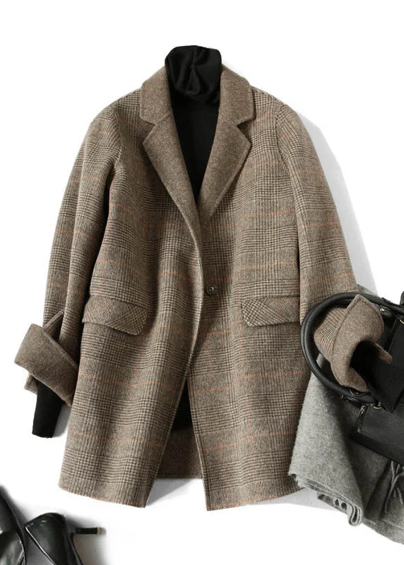 Lounge Chic Cozy Smart Wear Vintage Chocolate Peter Pan Collar Plaid Woolen Coats Spring Lounge Chic Cozy Smart Wear Vintage Chocolate Peter Pan Collar Plaid Woolen Coats Spring
